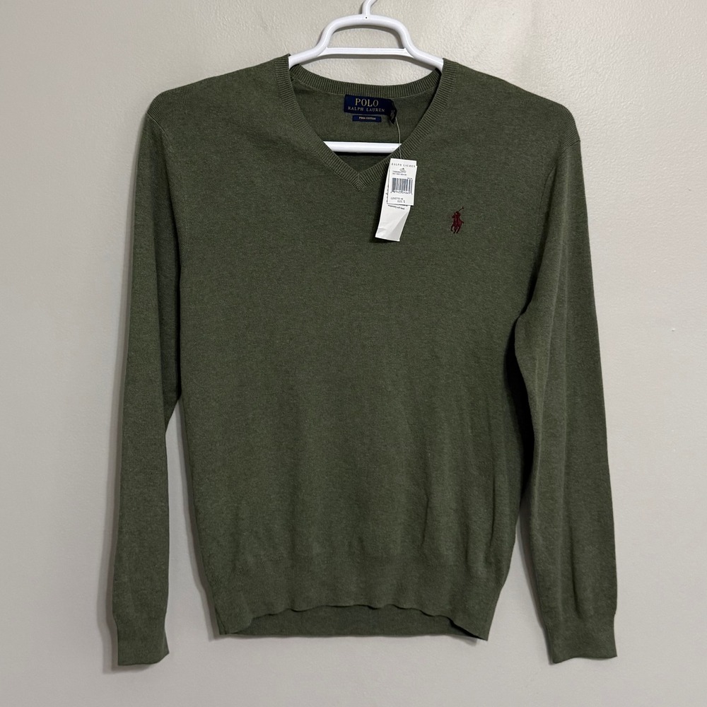 NEW Polo Ralph Lauren Mens Small Green Pima Cotton V-Neck Pullover Sweater - Picture 2 of 7